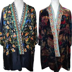 Johnny Was Reversible Silk Blend Kimono Jacket Floral Velvet Trim XS